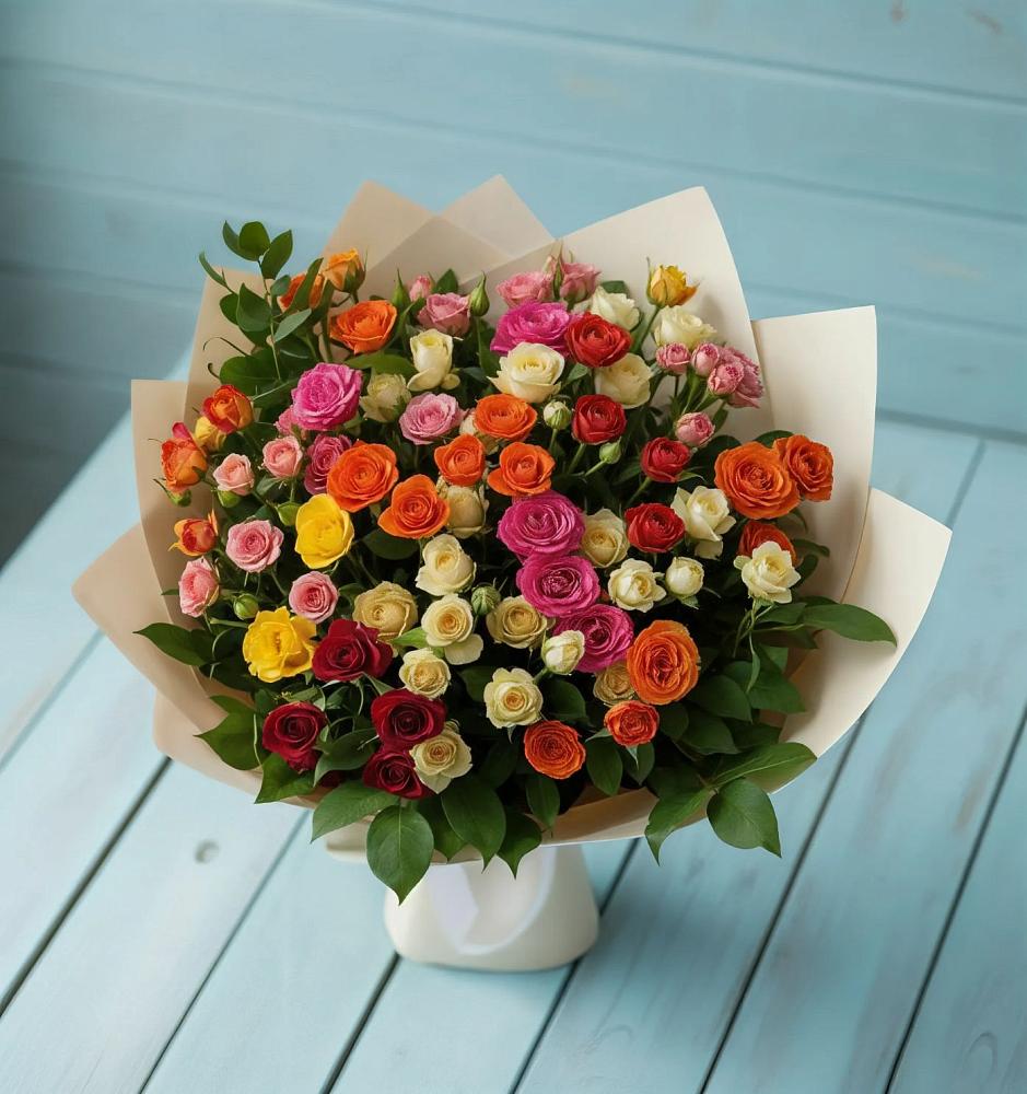 Букет Микс из разноцветных кустовых роз в Кувшиново