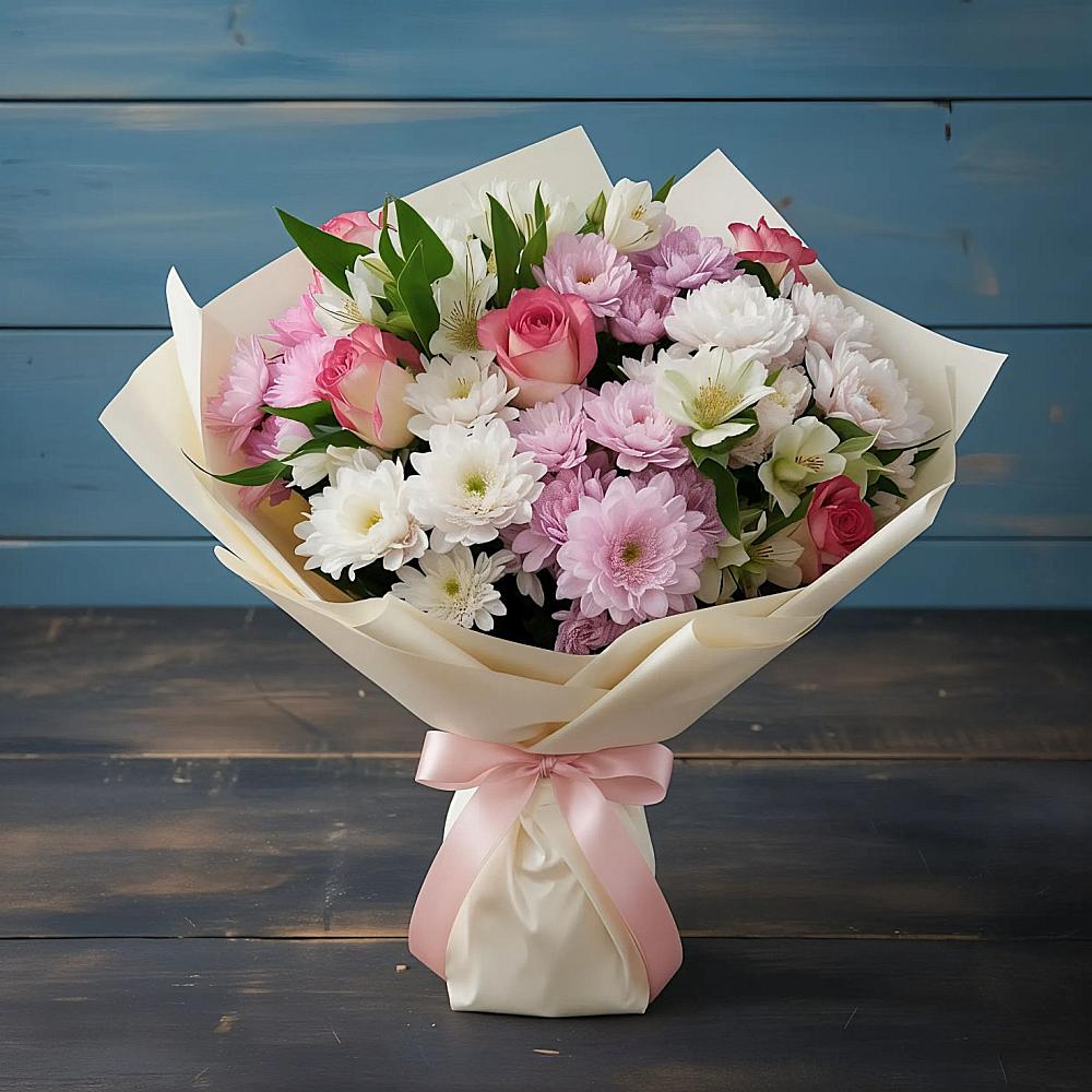 Букет цветов из: Хризантемы, Альстромерии и Розы в Кувшиново